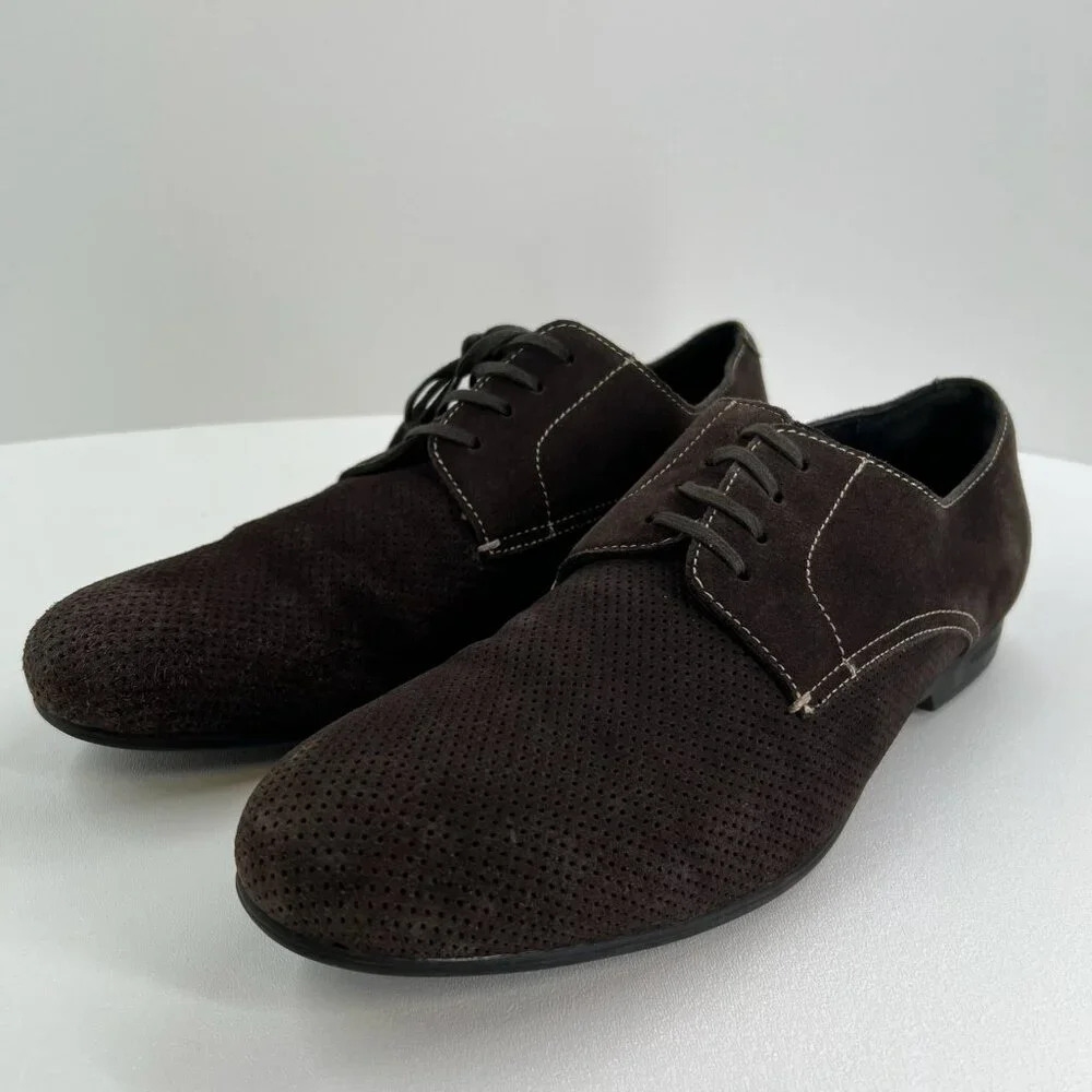 Bugatchi Suede Perforated Derby Dress Shoes Mens 10 Lace Up Casual Leather Brown
